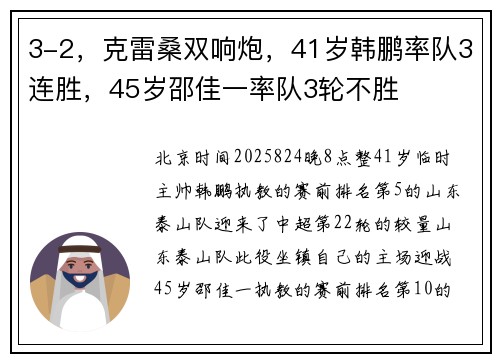 3-2，克雷桑双响炮，41岁韩鹏率队3连胜，45岁邵佳一率队3轮不胜